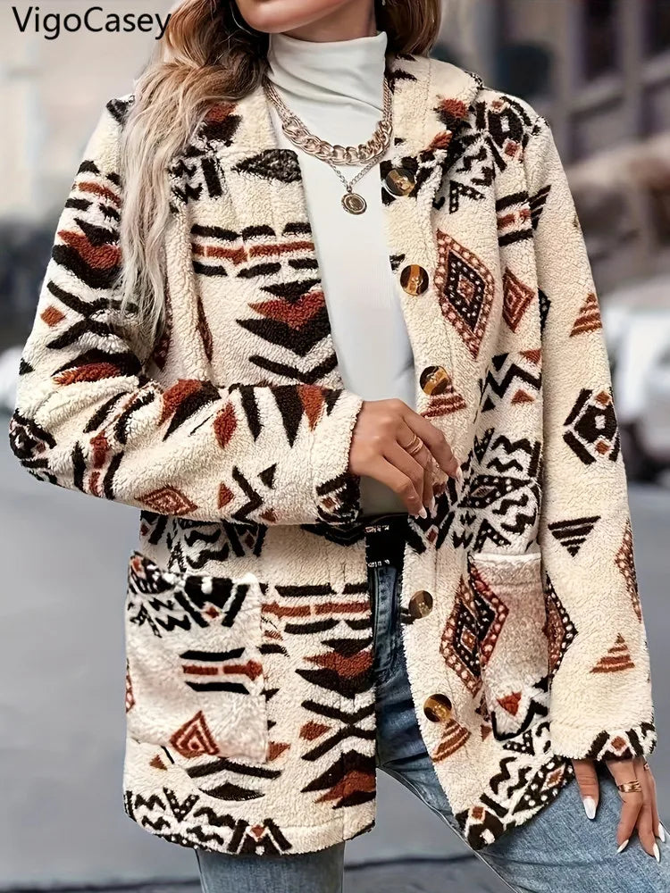 Women's Printed Hooded Jacket - Plush Warm Button-Up Coat (S-2X)