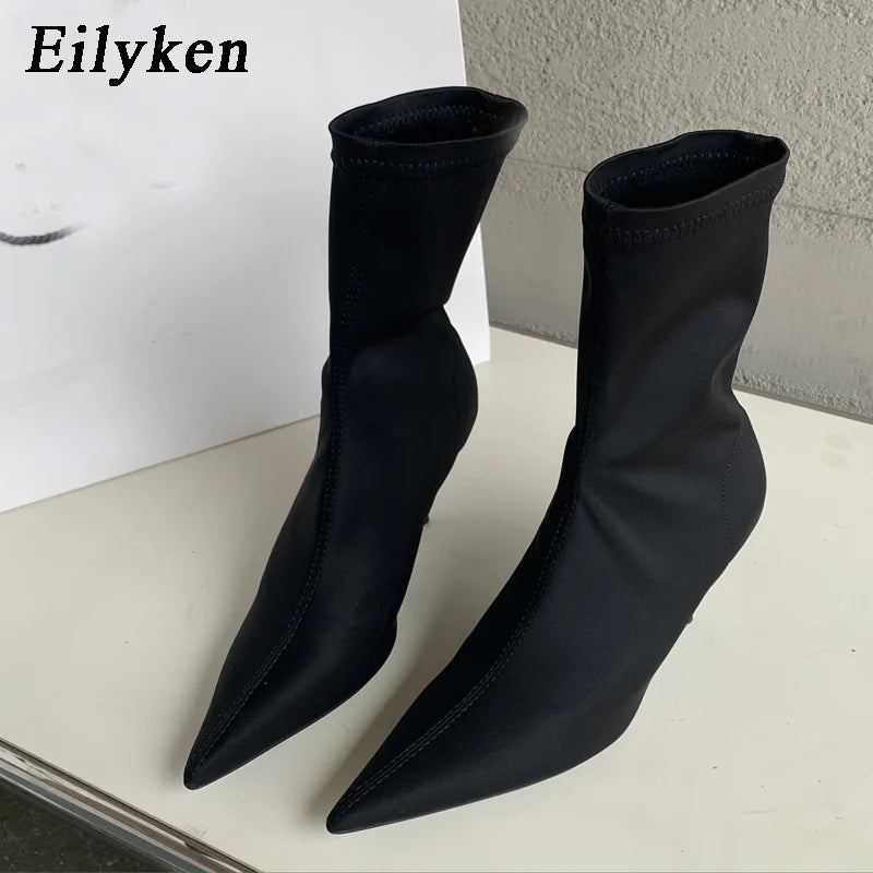 Women's Stretch Fabric Ankle Boots - Pointed Toe Thin High Heels