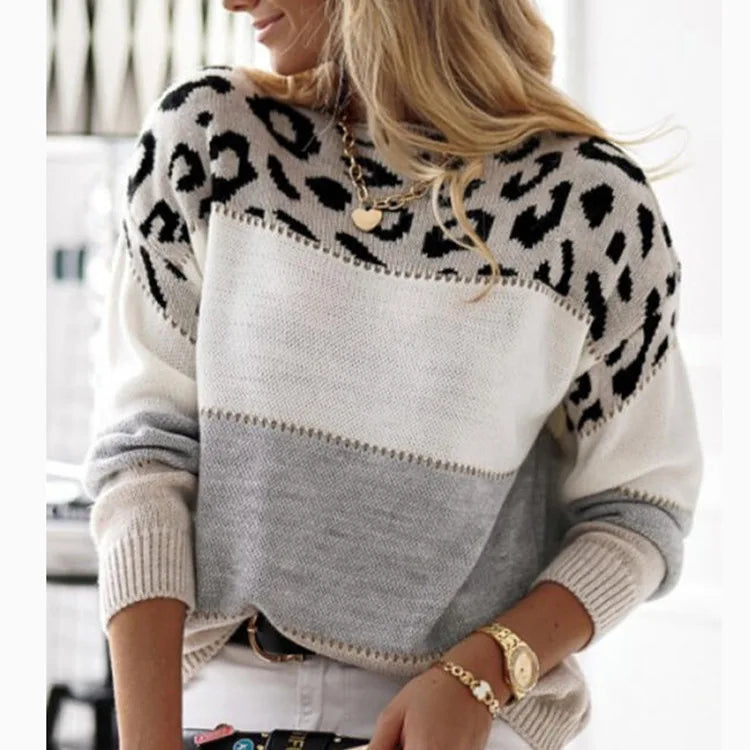 Women Leopard Print Loose Sweater Autumn Winter Round Collar Long Sleeve Knitted  Pullover.  S-3X