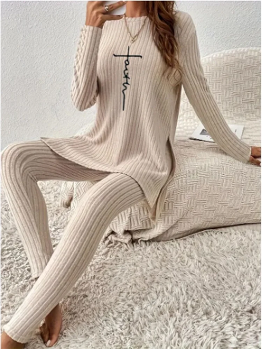 Casual Solid Colour  Knitted Suit Women Two-Piece Long Sleeve Split Top Slim Fit Pants Autumn Fashion Set