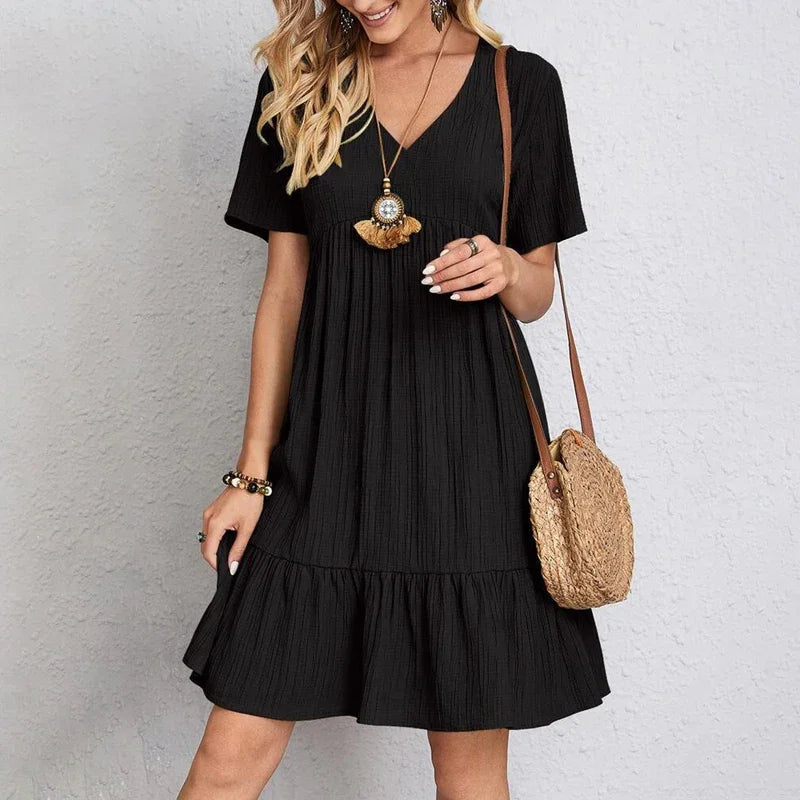 2025 Loose V-neck Short Sleeved Pleated Solid Color Elegant Simple Comfortable Dress.  S-3X