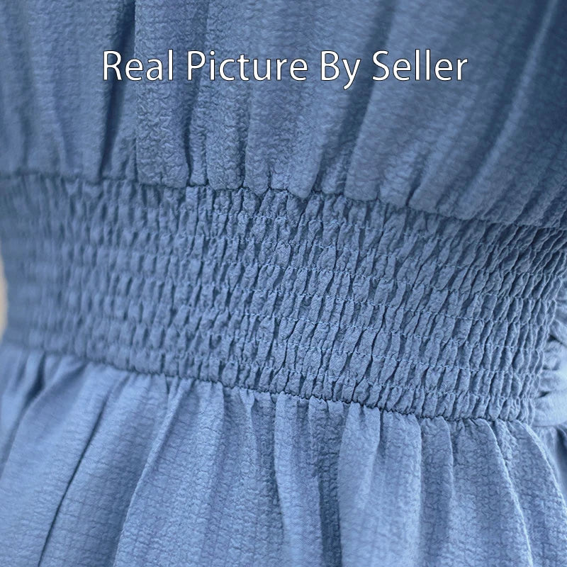Women Solid Pleated Long Dress V Neck Short Sleeved .
