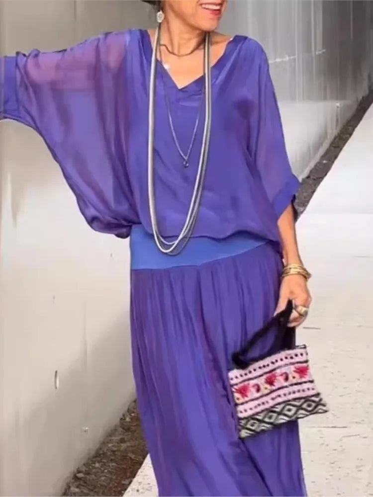 Women's Sexy V-neck Short Sleeved Top And Wide Leg Pant Set Chiffon Casual Loose Outfit.  S-3X