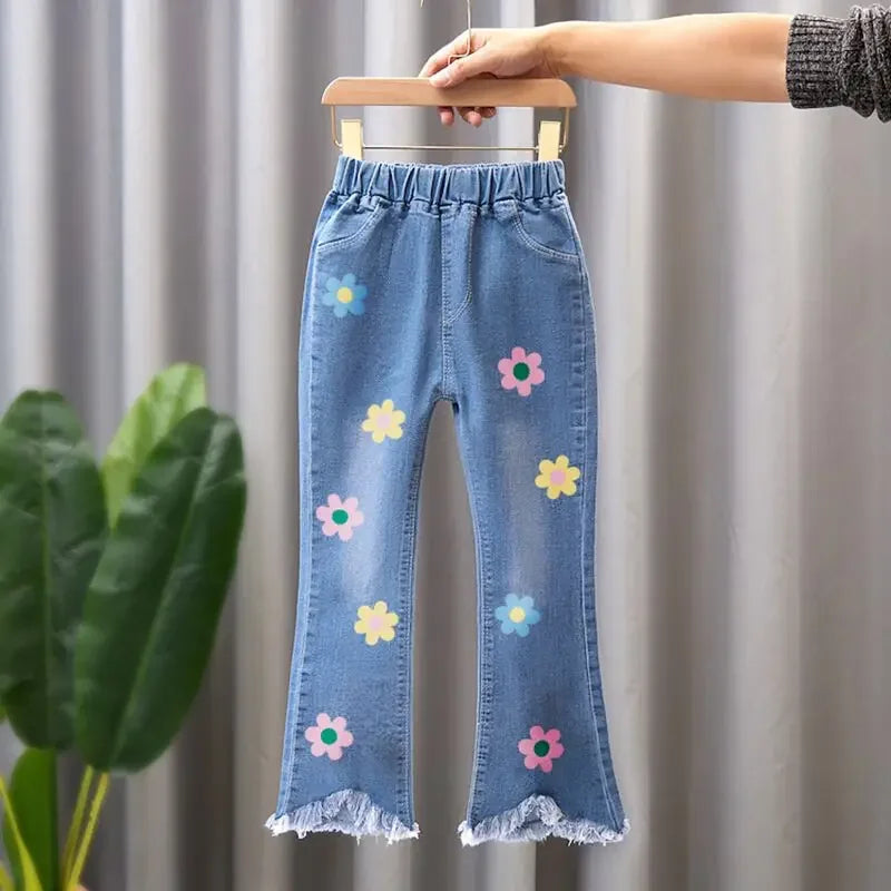 2024 Baby Girls Cowboy Pants Spring Autumn Girl Casual Denim Trousers Children Clothing Kids Stretch Flared Pants for 4-10 Years