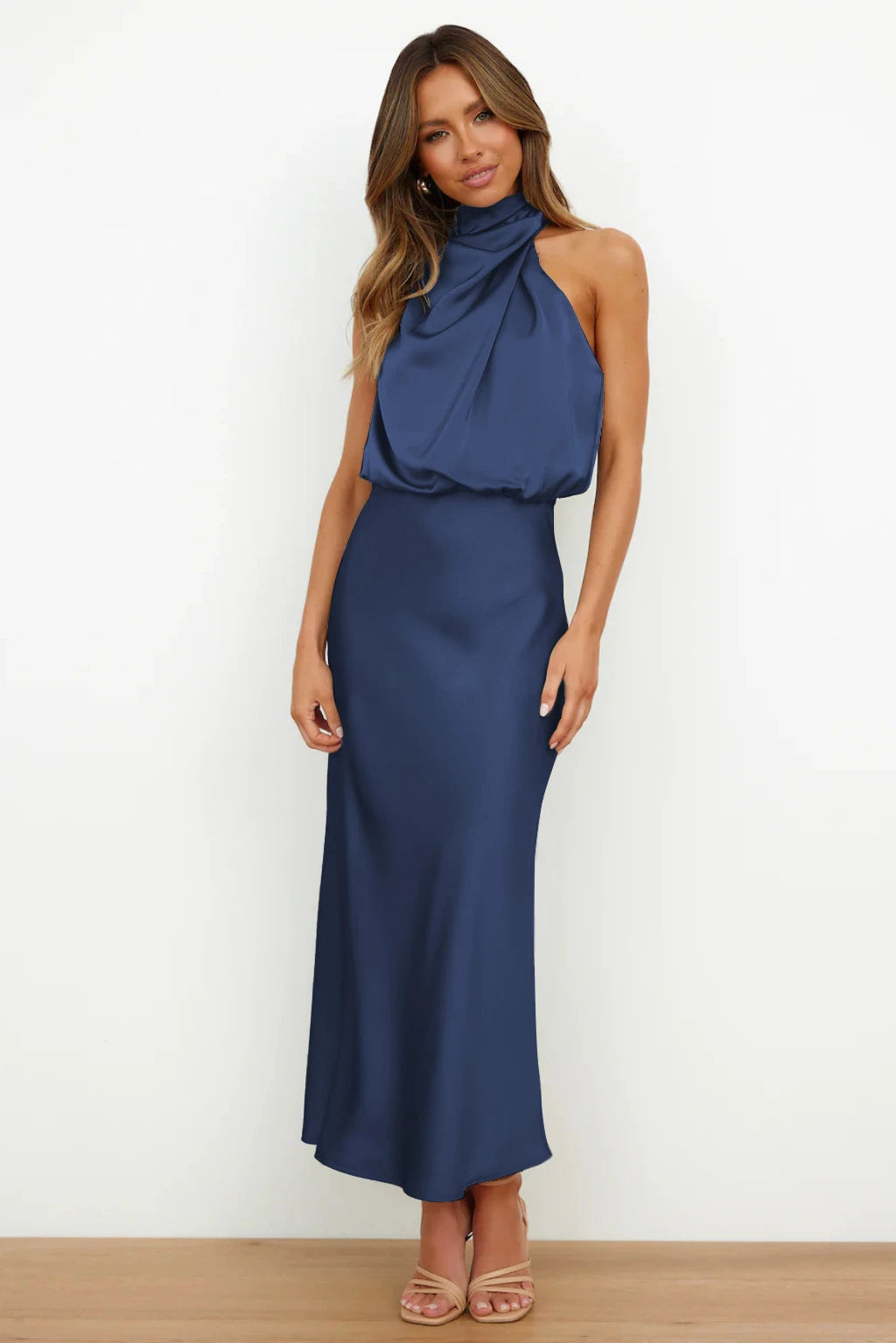 2025 Spring/Summer Long Dress for Women High Waist Halter Satin Sleeveless Elegant Solid Evening Party Dress.  S-XL