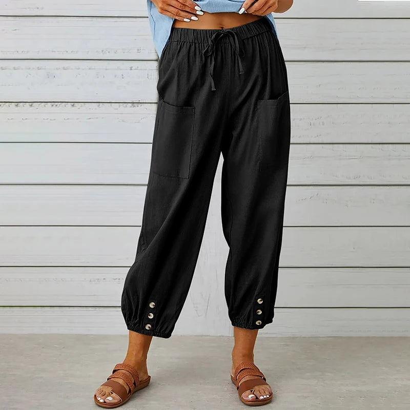 Cotton Linen Harem Pants Casual Elastic High Waist Loose Ankle Pants.  S-2x