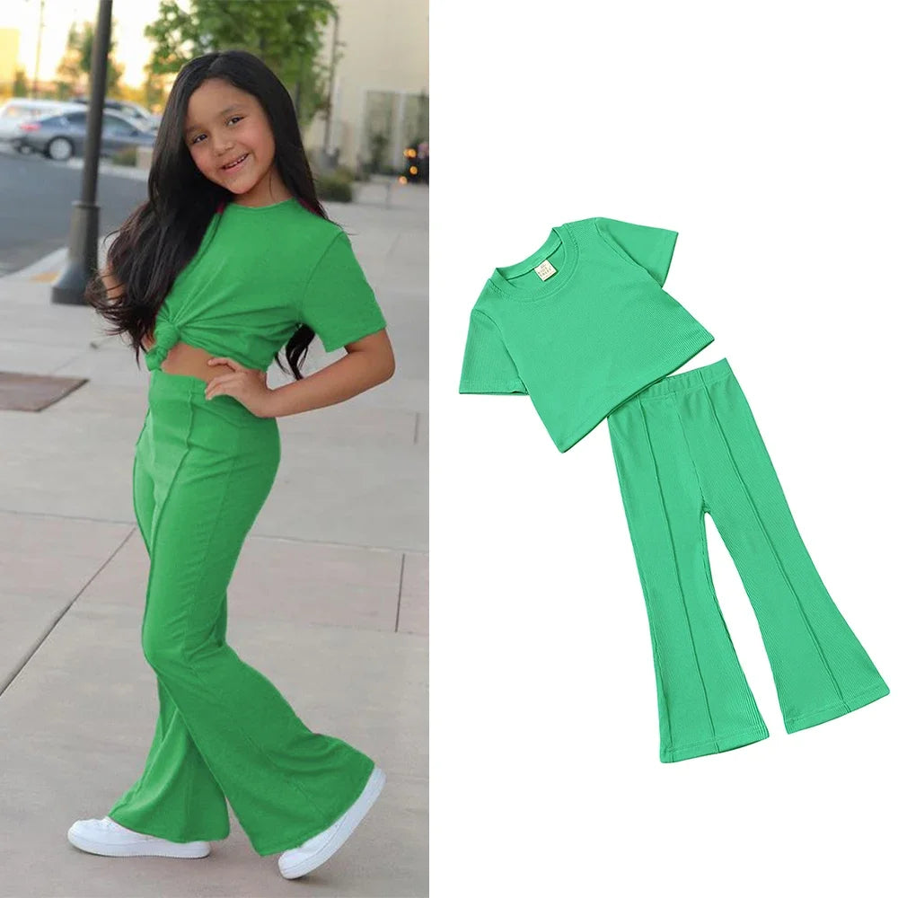 2025 Summer Girl Bell Bottom Outfits 2pcs Solid Cotton T-shirt Pants Suit For Children Teenage Girls Fashion Tracksuit Clothes