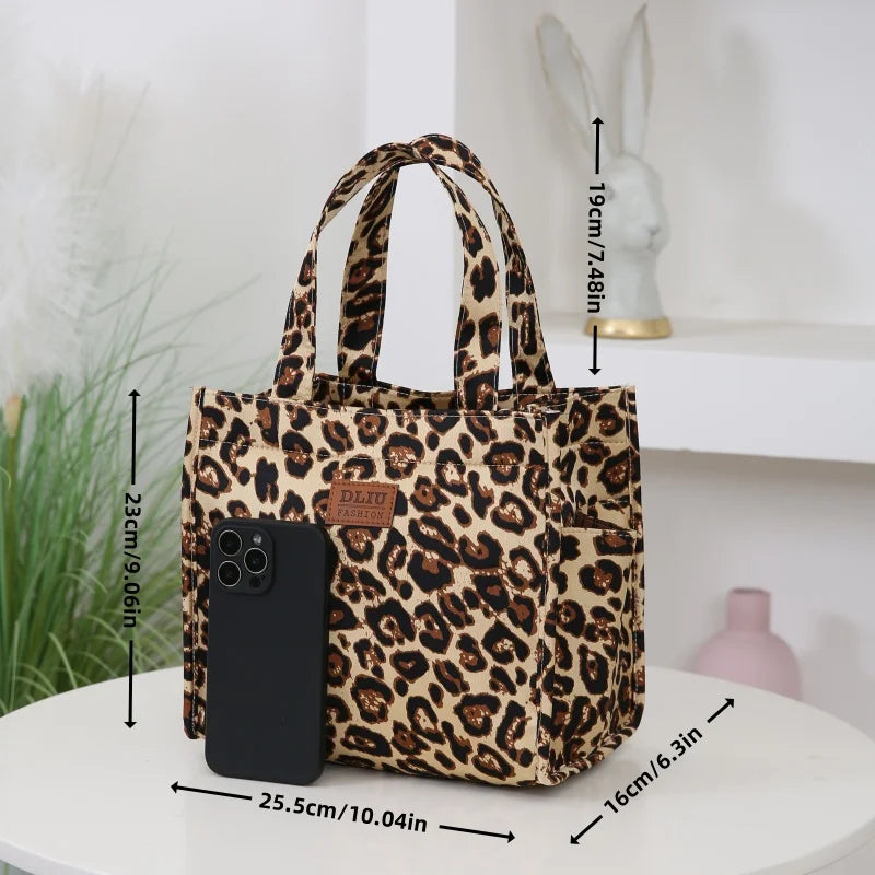 New Retro Leopard Print Large Capacity Lunch Tote Bag with Storage Pouch Commuter Work Handbag Portable Meal Bag