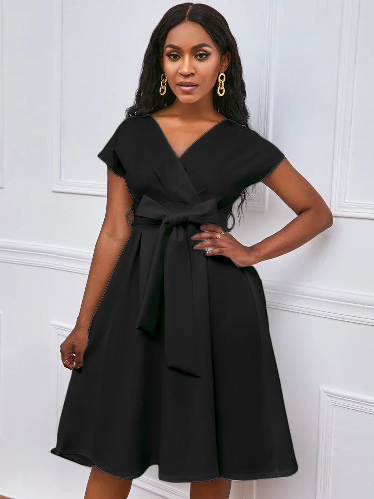 Women V Neck Dress Pleated A Line with Waist Belt Party Fashion Female African Event Occasion Prom White Celebrate Elegant Robes