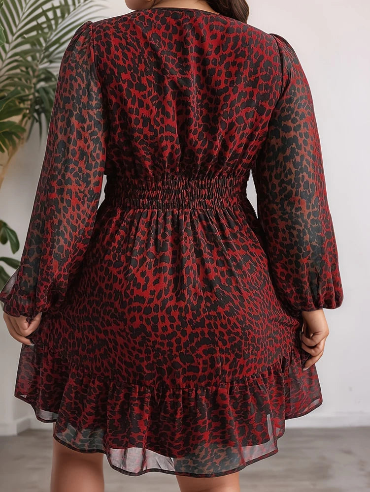 Curvy Size 2025 Spring Summer New Sheer Printed Double Layer Long Sleeve Dress.