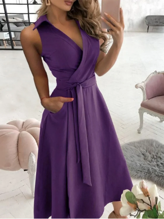V-neck Short Solid Colour Pocket Women's Dress Elegant Fashion Style Summer Dress.  S-2X