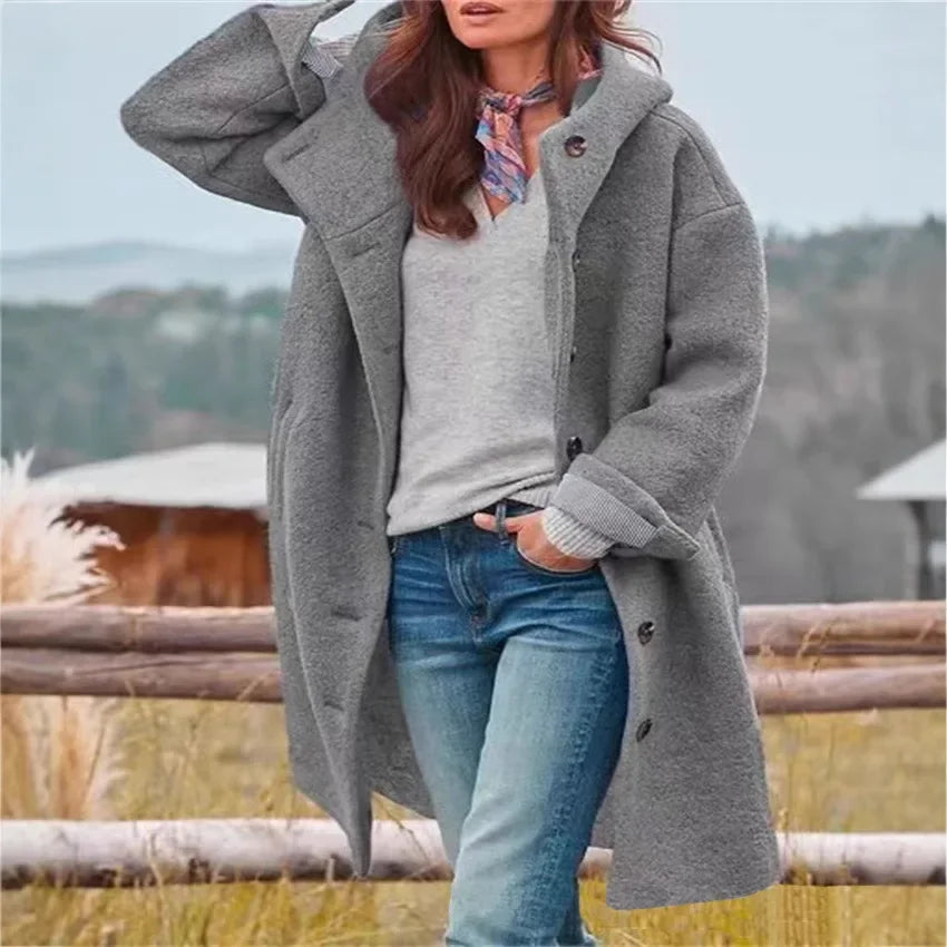 Ladies Retro Style Woolen Coat New Autumn Winter Fashion Outerwear Polyester Fiber Hooded Loose Fit Coat.  S-3X