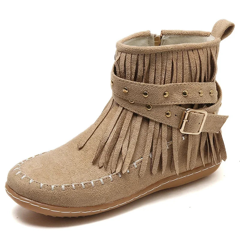 Bohemian Style Tassel Faux Suede Buckle Strap Short Boot.