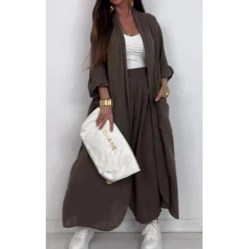 Women Solid Lazy Style 2-Piece Set Cardigan Long Sleeve Shirt+ Wide Leg Pant Suit Elegant two Piece.  S-3X