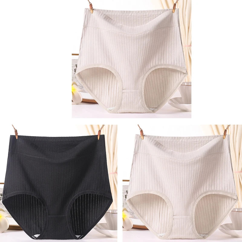 3pcs Ladies Plus Size High Quality Cotton Panties High Waist Breathable Briefs Solid Colour.