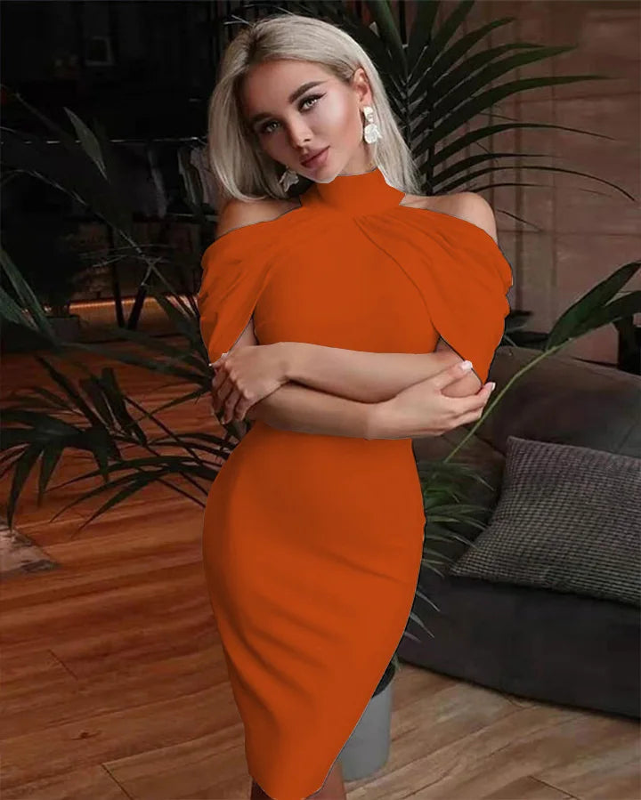 New Solid Colour Slim Midi Halter Neck Off Shoulder Elegant Party Dress.  S-3X