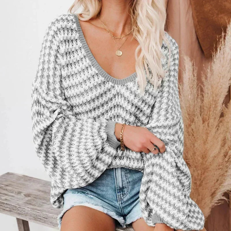 2025 Women Pullover Sweater Casual Knitted Fashion Loose V Neck Striped Fall Winter Top .  S-2X