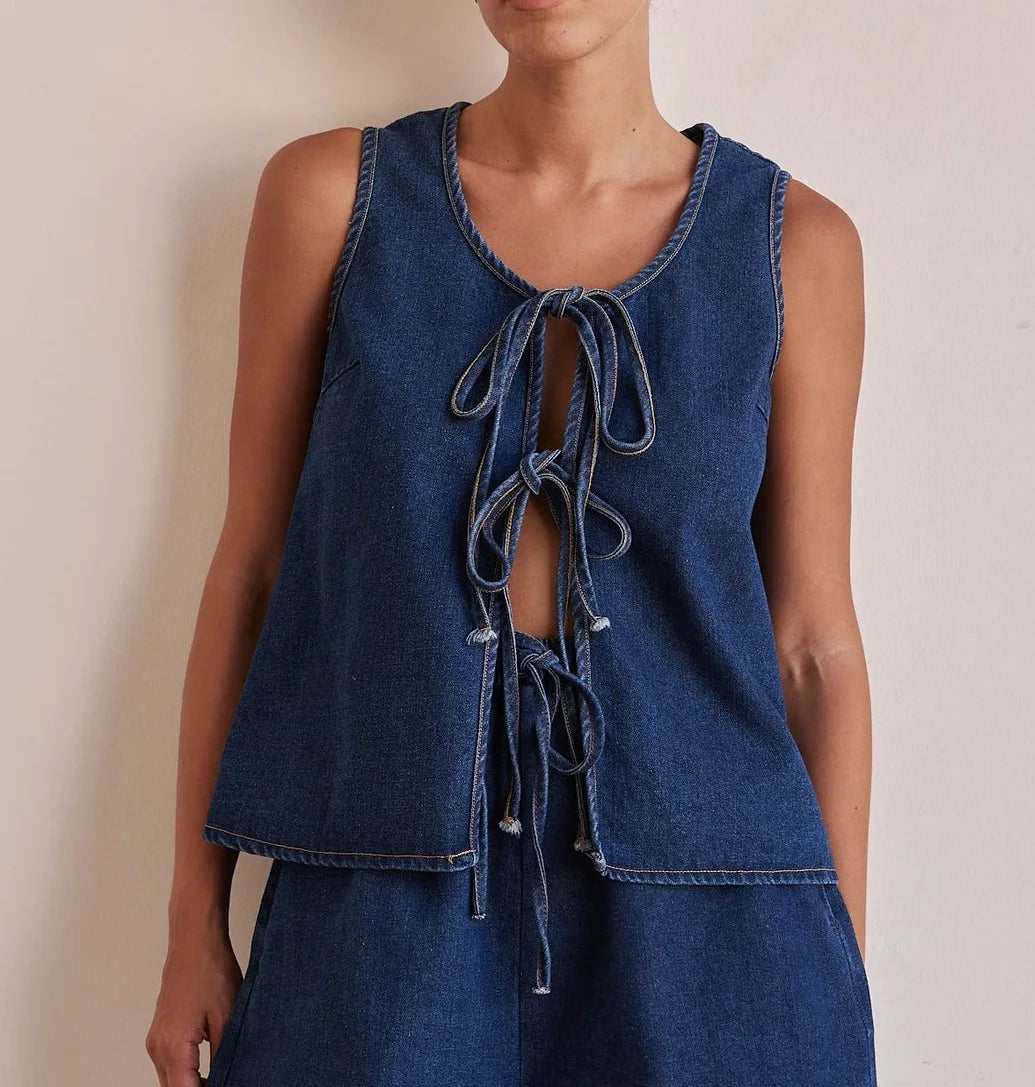 Denim 2 Piece Casual 2025 Sleeveless Tank Top Lace Up High Waist Shorts Suit.  S-XXL