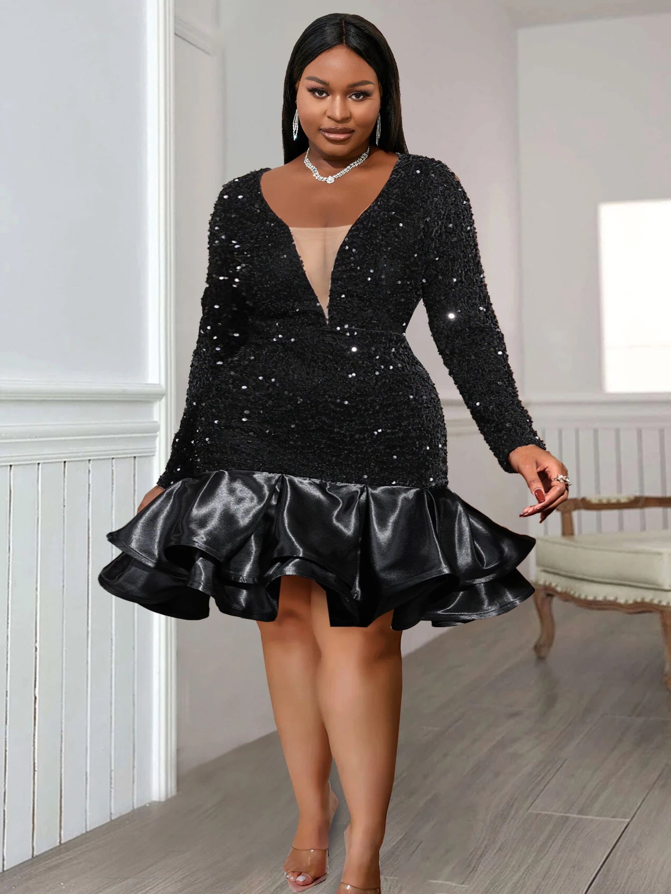 Plus Size Sexy Sequin Dress Black Velvet Deep V Neck Ruffle Shiny ladies Dress