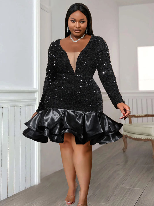 Plus Size Sexy Sequin Dress Black Velvet Deep V Neck Ruffle Shiny ladies Dress
