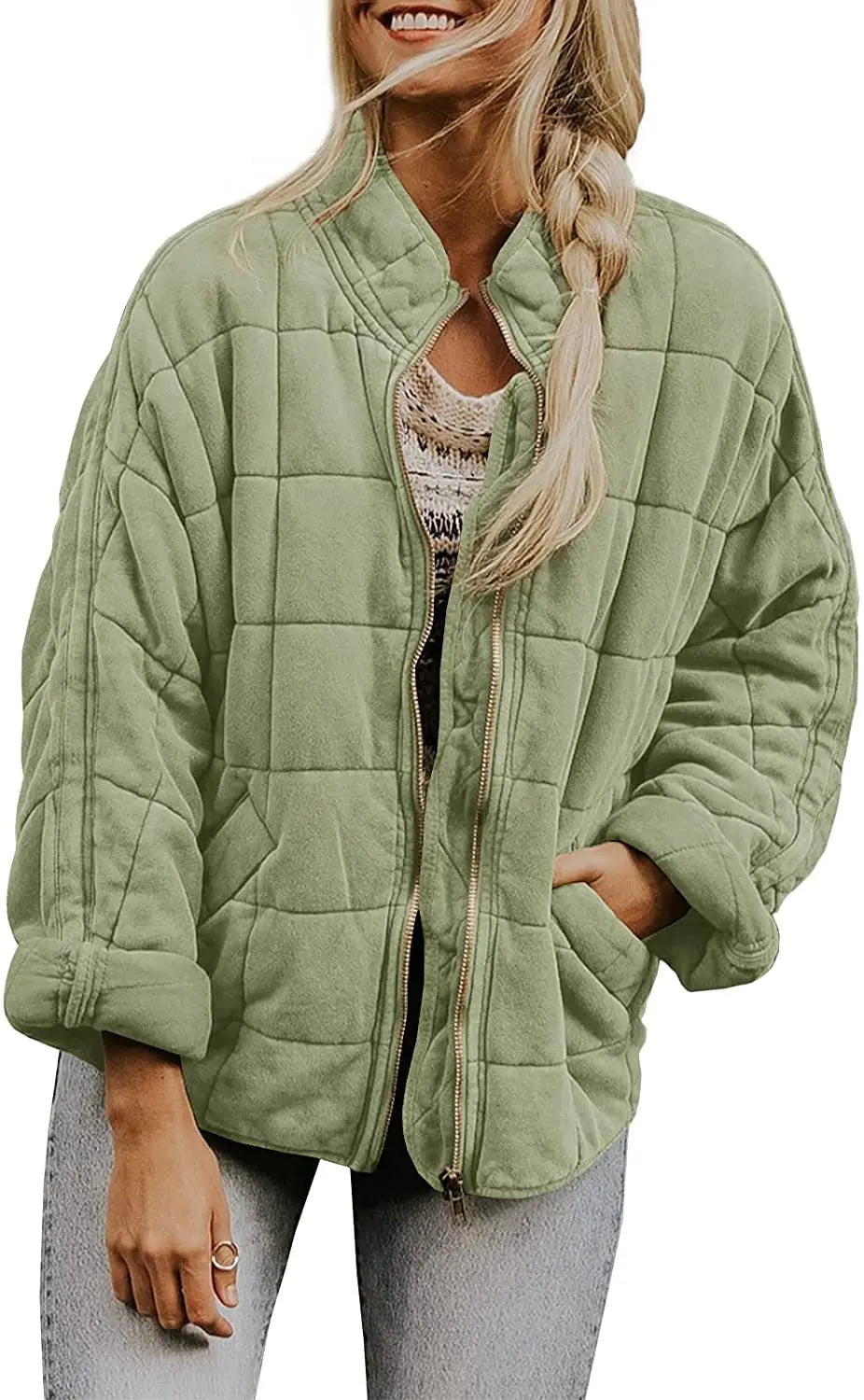 Solid Colour Stand-up Neck Cotton Jacket New Loose Pocket Long-sleeved.  S-2X