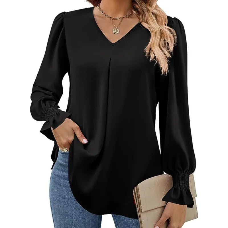 Women's Solid Colour Chiffon Shirt V-neck Long Sleeved Top Elegant Loose Blouse.  S-2X