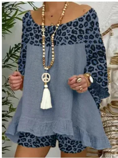 Women 2025 2 Piece Spring Summer Bohemian Casual Leopard Print Loose Fit Outfit.  S-3XL