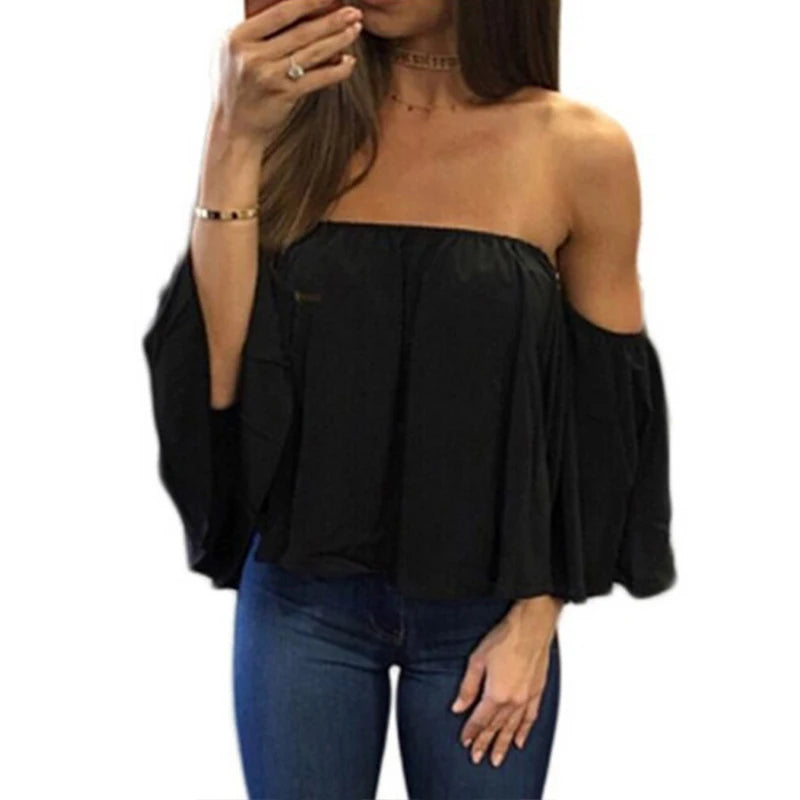 Solid Colour Sexy Off Shoulder Short Sleeve Summer Fashion Top.  S-2X
