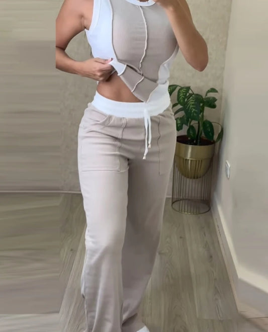 New Fashion Two Piece Trousers Outfit Casual Colour block Ribbed Tank Top & Pocket Pants Set for Women