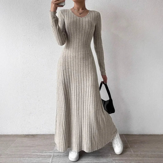Fashionable Knitted Long Sleeve A- Line Streetwear Dress For Women Smooths And Slims Your Silhouette Solid Color Long Dress.  S-XL
