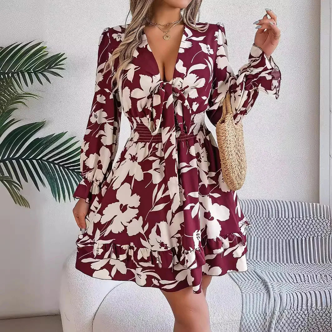 2025 Spring Summer Women's Long Sleeve Flower Printed V-neck Fashion Elegance Dress