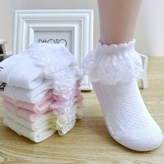 4 Pairs Girls Lace Ruffle Socks Adorable Princess-Style Kids Dance-Ready Socks with Frilly Trim.  Sizes for 1-12yrs old