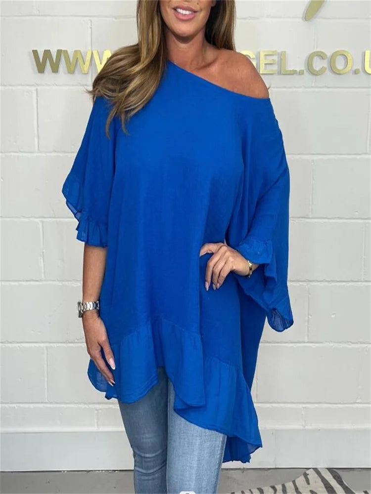 Plus-size women's Blouse ruffled fashion elegant bat sleeve loose solid colour.  L-5X