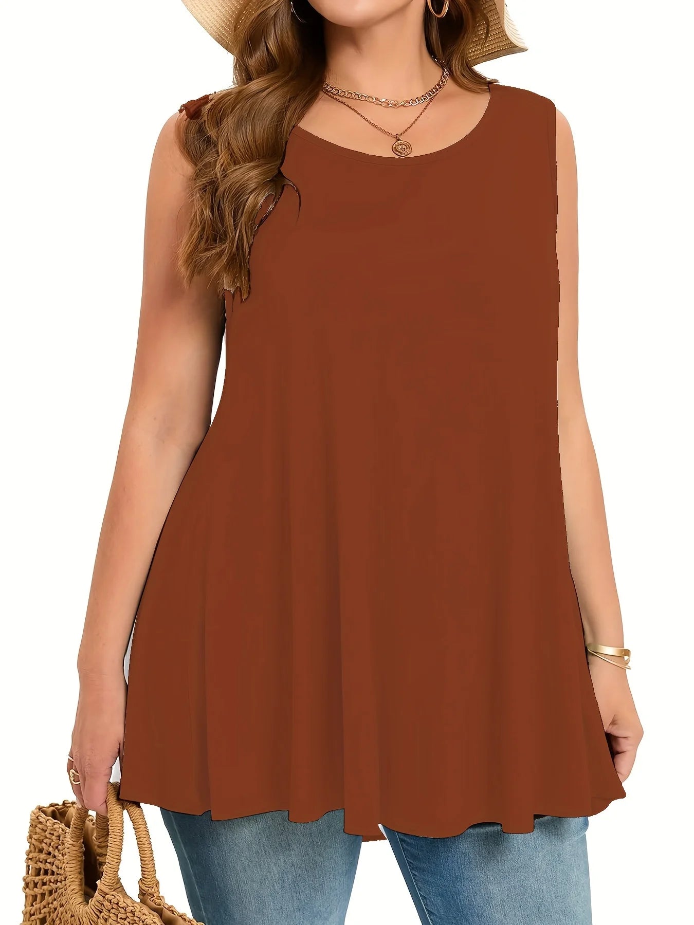 Plus-size Quality Women's Long Casual fashion Solid Colour Loose Round-Neck Sleeveless Tank
