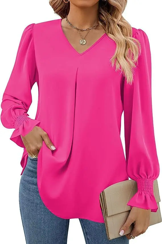 Women's Solid Colour Chiffon Shirt V-neck Long Sleeved Top Elegant Loose Blouse.  S-2X