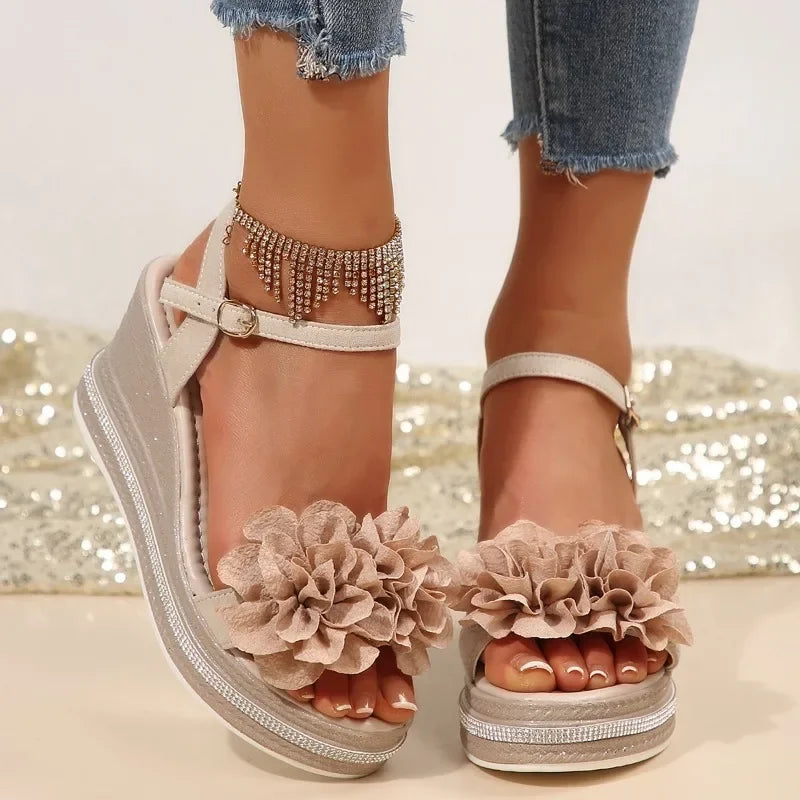 Open Toe Women's Sandals Fashion Floral Buckle Strap Wedges Shoe