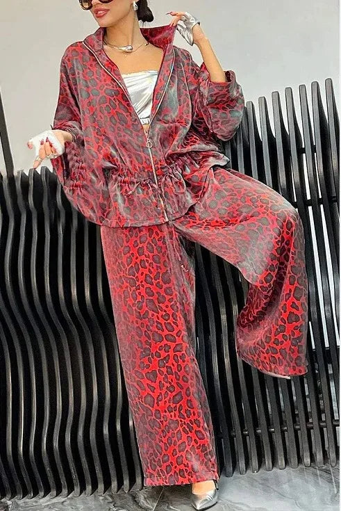 Fashion Leopard Print Casual Lace-up Waist Women's Suit New Loose Wide-leg Pants Elegant 2 Piece Set.  S-3X