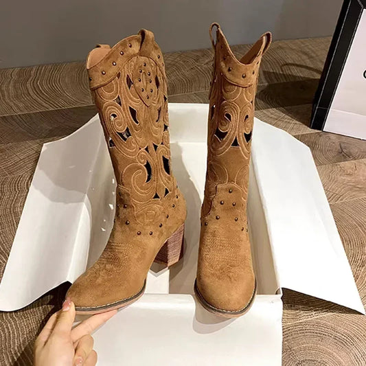 Embroidered Vintage Western Boots, Chunky Heels Pu Leather .