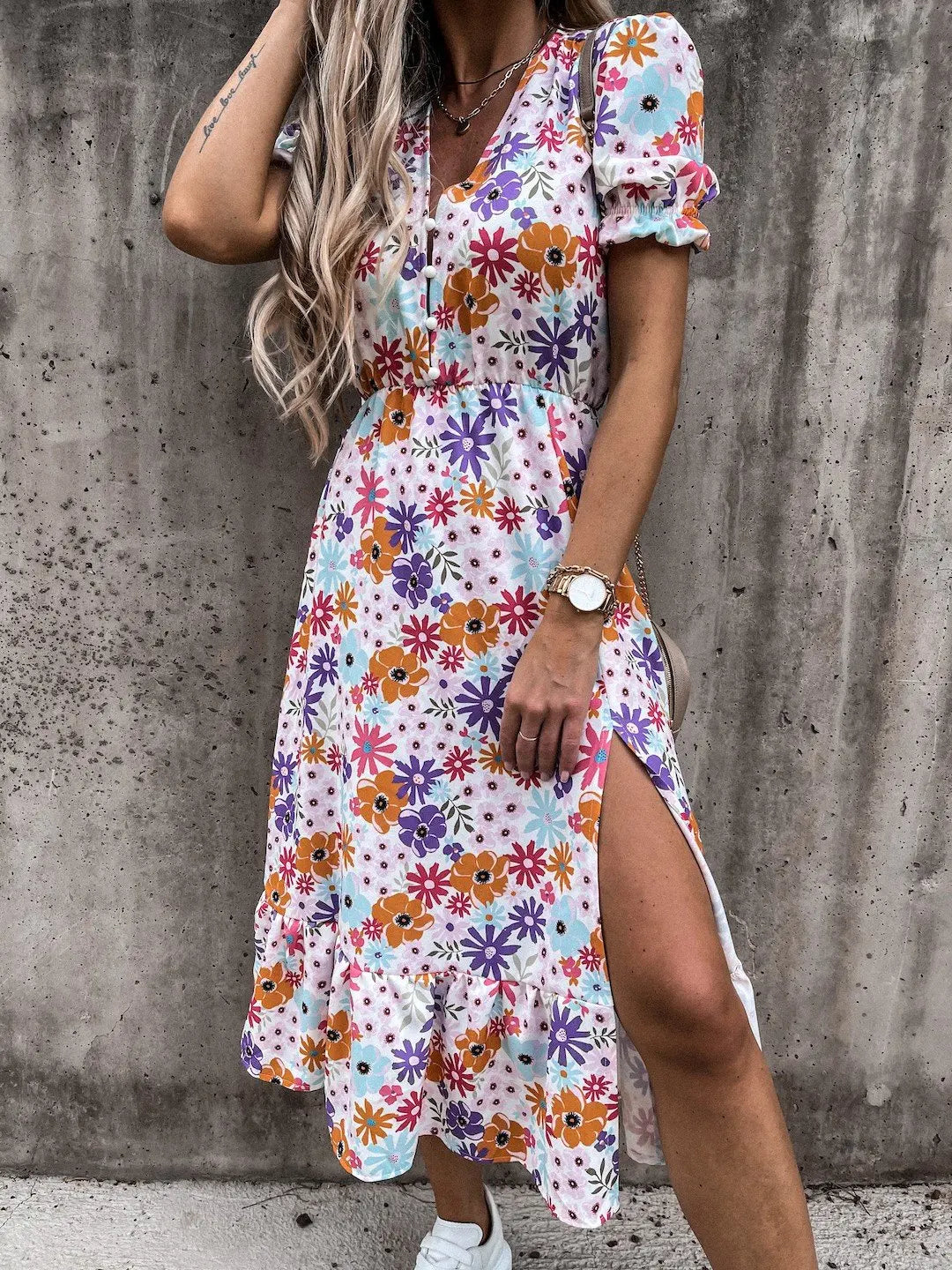 Summer Floral Print Dress V Neck Side Slit Short Sleeve Button Slim Spring Party Dress.  S-3X