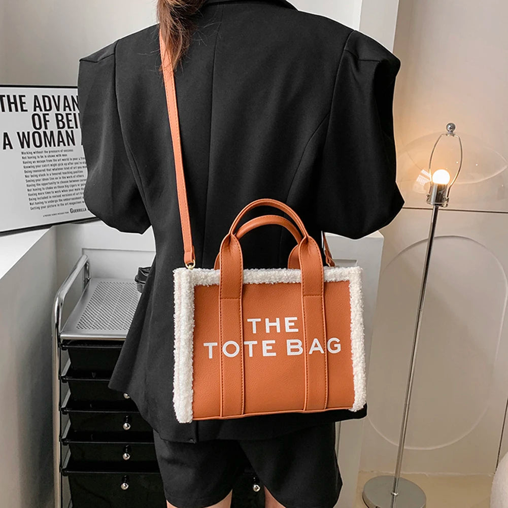 Winter Soft Lamb Wool Stitching Top-Handle PU Leather Fashion Small Cross-body Letter Print Square Tote Bag