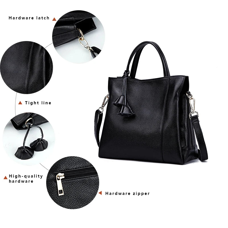 Cowhide women's handbag casual versatile black daily commuting single shoulder cross-body tote bag