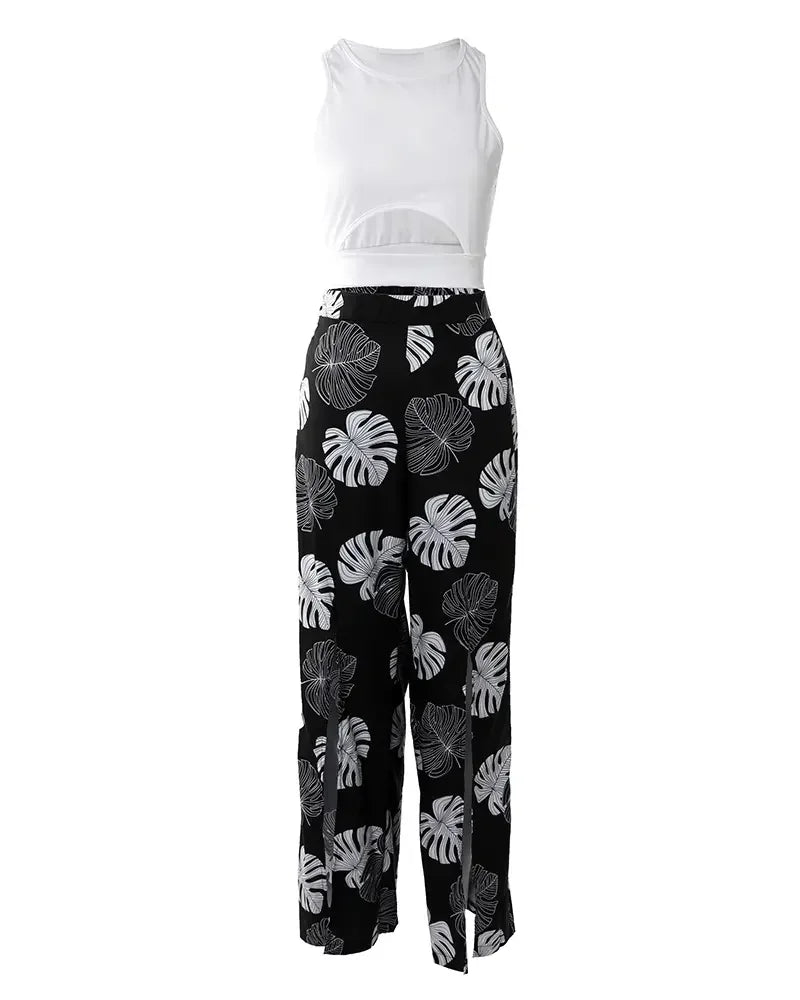 Ladies Solid Cut-out Tank Top & Tropical Print Split Wide Leg Pant Set