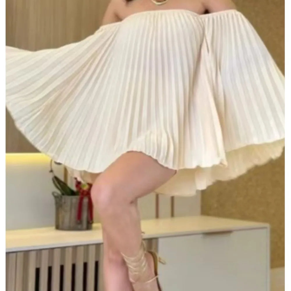 Women's Sexy Off Shoulder Pleated Chiffon Long Sleeve Shorts 2 Piece Fashion Loose Shawl Sleeves Elegant Shorts Set.