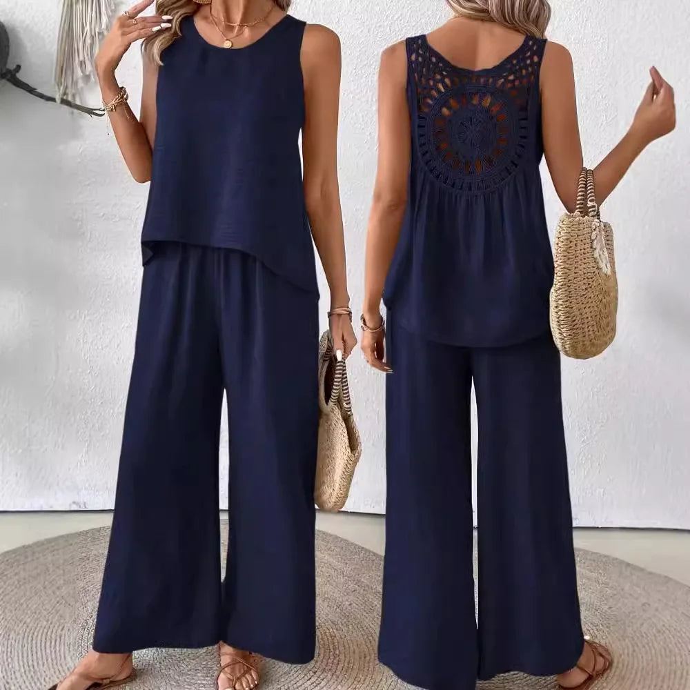 Ladies Simple Cotton Linen 2 Piece Suit Summer Fashion Sleeveless Loose Blouse Wide Leg Pants.