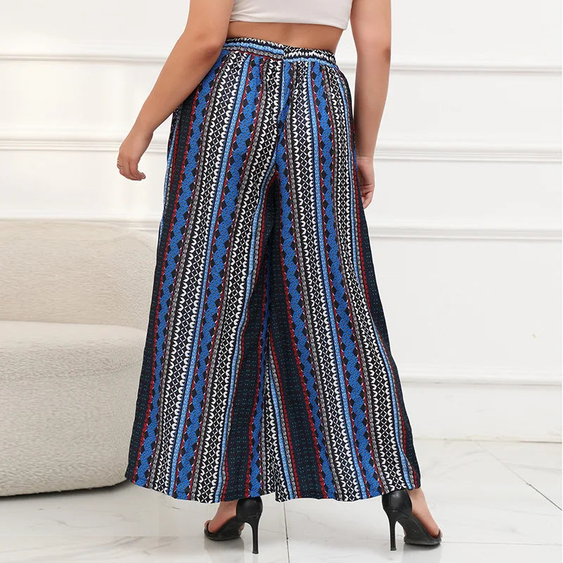 Women's plus size fashion trend wide-leg pants striped blue elastic waist pants