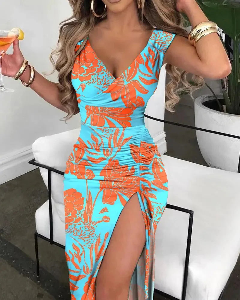 2025 Summer Floral Print Sexy V-Neck High Slit Sleeveless Casual Tight Fitting Long Dress.  Sz: S-xxxL