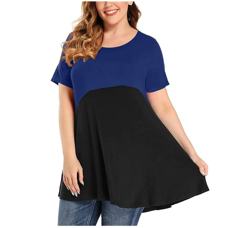 Women Shirt Plus Size Loose Short Sleeve Casual Ladies Contrast Colour Shirt.