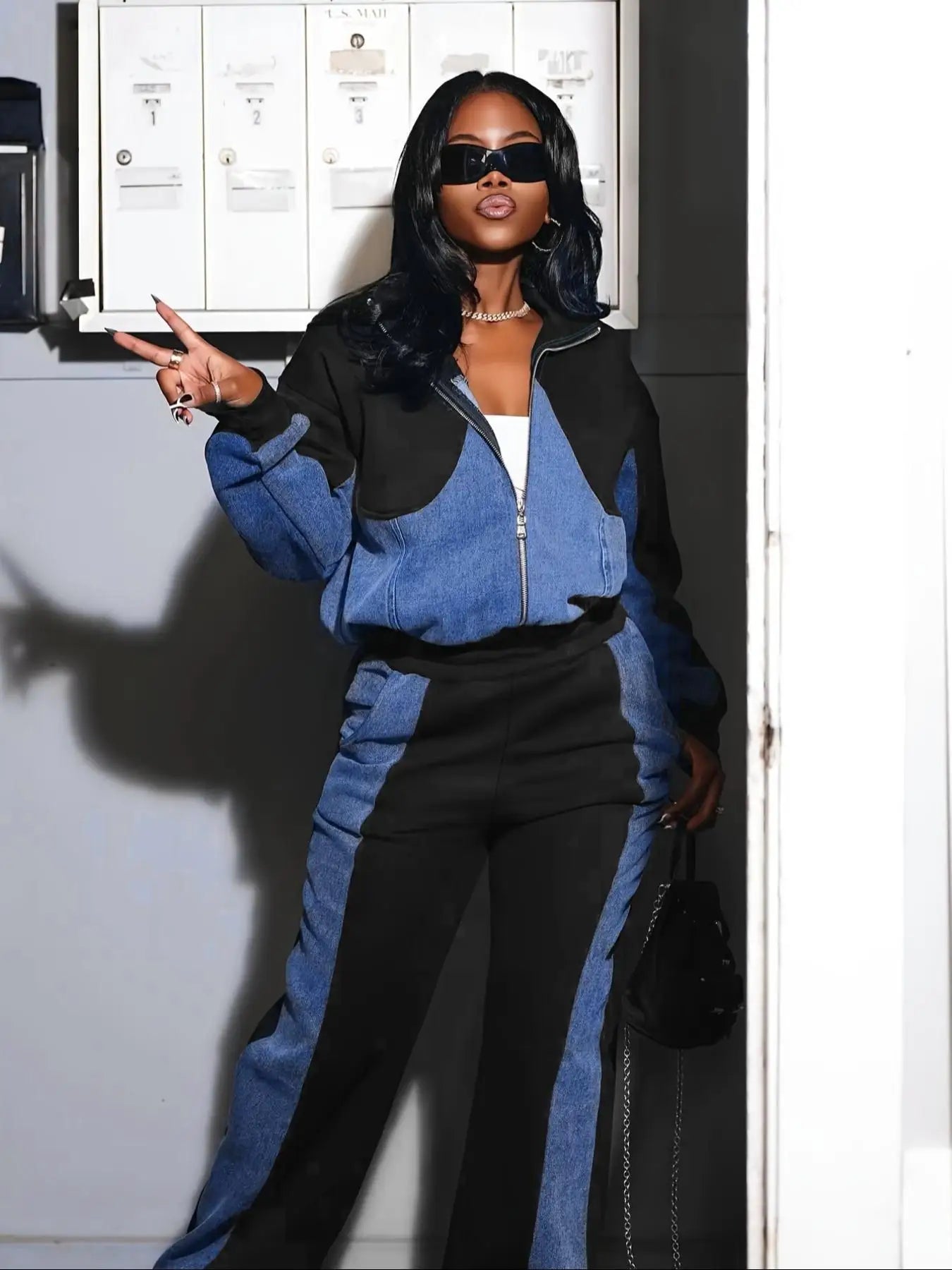 Women Two Piece Denim Matching Zip Up Jacket & Long Pants High Elastic Waist Casual Tracksuit.  S-2XL