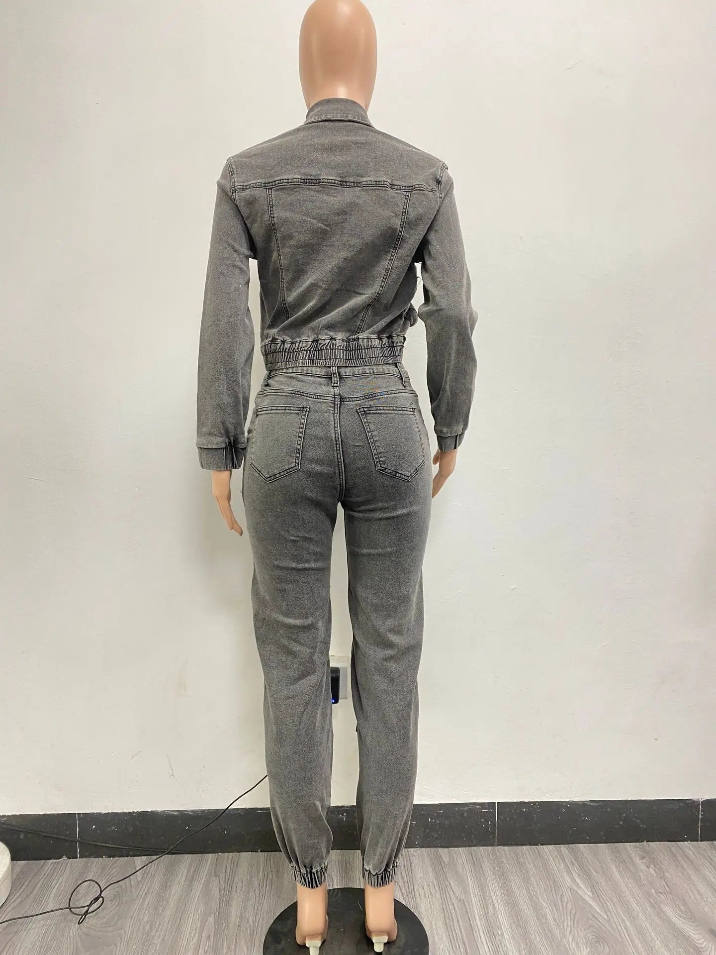 Ladies Long Sleeve Zipper Denim Cargo Ankle Length Pocket Pant Set