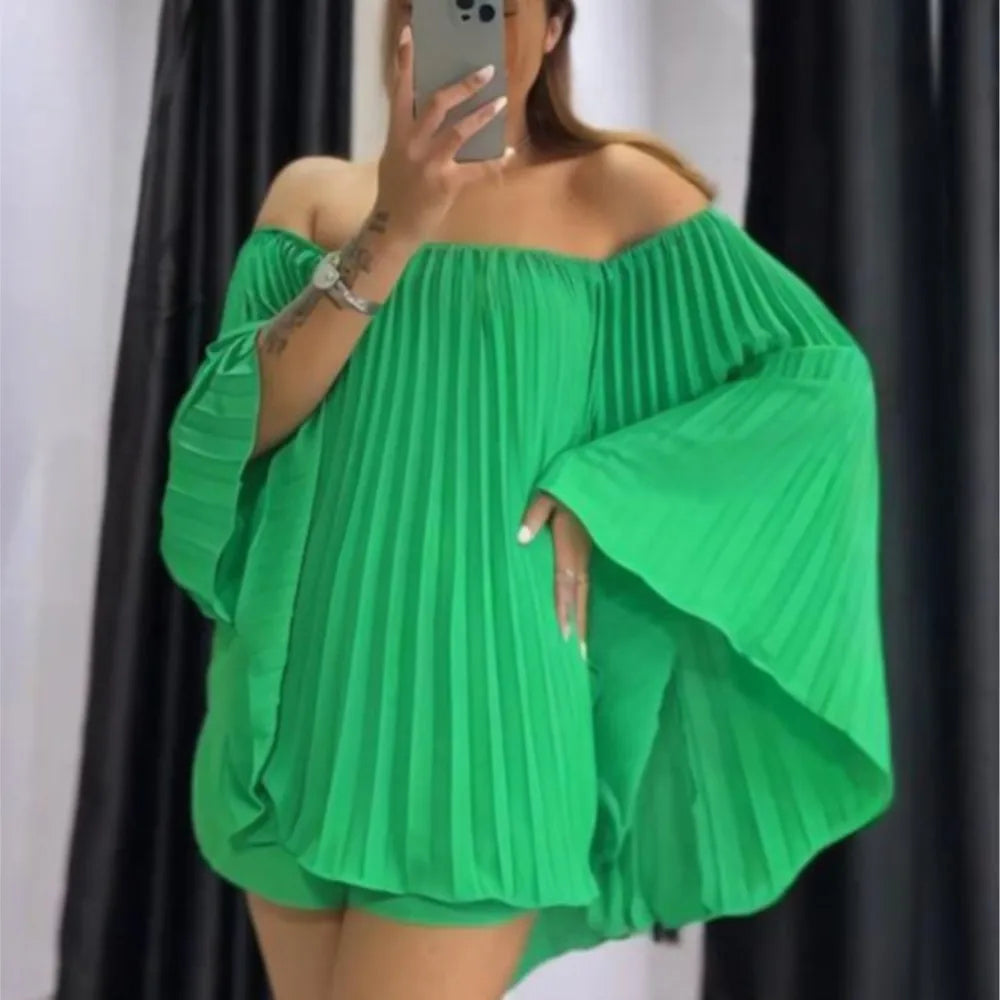 Women's Sexy Off Shoulder Pleated Chiffon Long Sleeve Shorts 2 Piece Fashion Loose Shawl Sleeves Elegant Shorts Set.